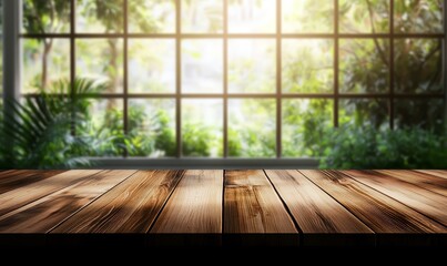 Wall Mural - Wooden table against a sunlit window with green foliage.