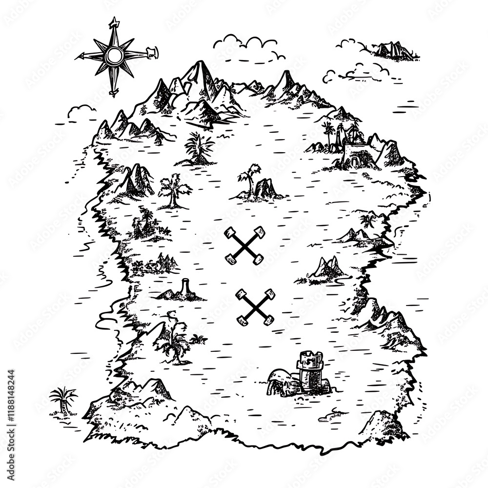 Simple Black and White Coloring Page Drawing of a Fantasy Map Stock ...