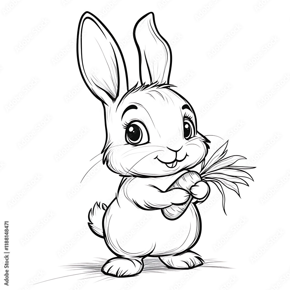 Cute Bunny Holding Carrot Black and White Coloring Page Design Stock ...