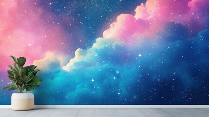 Wall Mural - celestial dreamscape mural: a dreamy, pastel-hued mural depicting a vibrant nebula with pink and blu