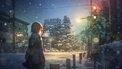 Wall Mural - 雪の日の街と女性