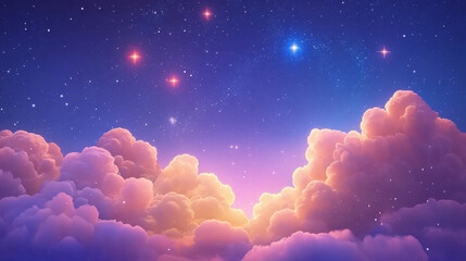 Wall Mural - Celestial Dreamscape:  A mesmerizing canvas of soft, ethereal clouds painted in shades of pink and purple, punctuated by a scattering of twinkling stars against a deep blue night sky.