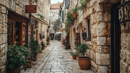  Charming Narrow Stone Alleyway with Plants and Rustic Decor