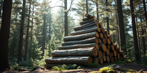 Wall Mural - A neatly stacked pile of logs in a forest, with sunlight filtering through the trees, casting soft shadows on the ground