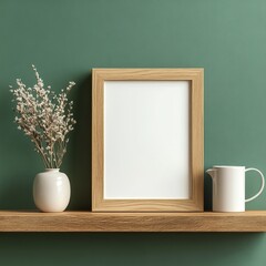 Wall Mural - Wooden frame mockup with dried flowers and jug on shelf.