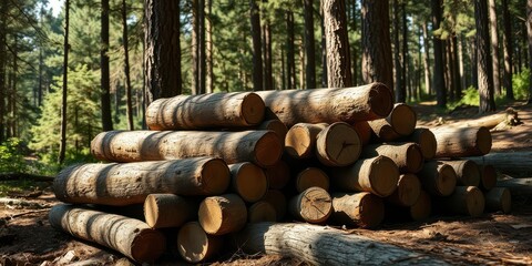 Wall Mural - A Pile of Logs in a Sun-Dappled Forest, Their Rough Bark and Circular Cross-Sections a Testament to Nature's Craftsmanship