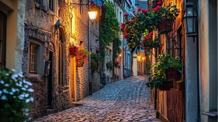  Charming Cobblestone Alleyway with Vibrant Flowers and Lanterns