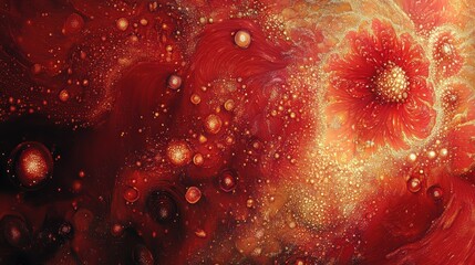 A close-up of bright red and gold fireworks exploding in intricate patterns over a lively celebration