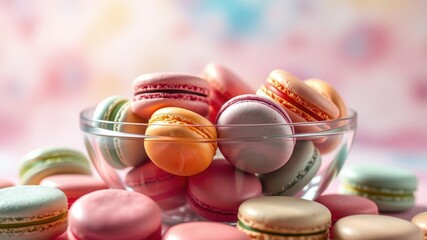 Wall Mural - A colorful assortment of delicate macarons nestled within a clear glass bowl, their pastel hues contrasting against a soft, dreamy background.