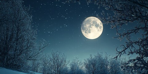 Wall Mural - A nearly full moon illuminates the clear winter night, casting a serene glow that enhances the beauty of the tranquil winter night sky. Enjoy the charm of the almost moon in winter.