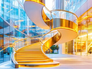 Canvas Print - A stunning spiral staircase with golden accents, surrounded by glass walls, showcasing modern architecture and elegant design.