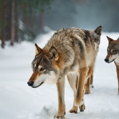  雪の中を歩くオオカミ