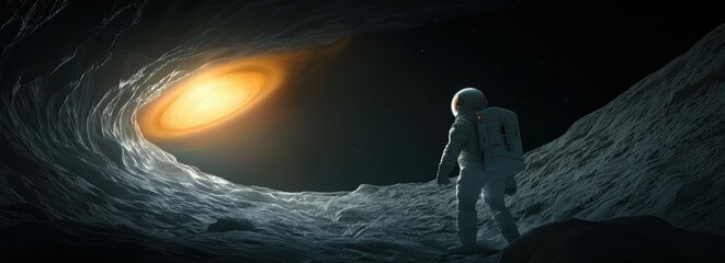 Wall Mural - An astronaut stands in a dark cave, gazing at a bright swirling galaxy, evoking a sense of wonder and exploration in the universe.
