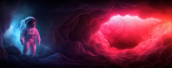 Wall Mural - An astronaut stands in a colorful cave, illuminated by vibrant blue and red lights, creating a surreal and otherworldly atmosphere.
