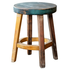 Aufkleber - A weathered wooden stool with a teal painted top and distressed multicolored legs is shown against a black background.