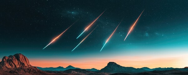 Wall Mural - A stunning night sky filled with vibrant meteor streaks above a silhouette of mountains and a colorful horizon.
