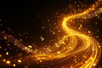 Wall Mural - Musical notes glowing in golden light on a dark background.