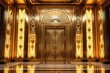 © Pixels Hunter - Luxurious golden door with intricate art deco designs and glowing illuminated panels in a symmetrical architectural design.