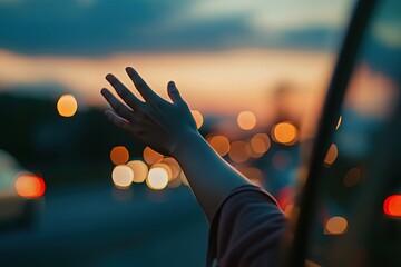 a girl's hand extended out of a car window, capturing the carefree spirit of travel and the warmth o