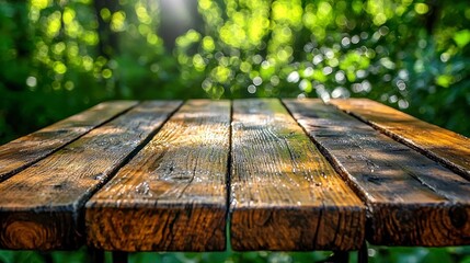 Wall Mural - Wood table, forest backdrop.