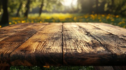 Wall Mural - Wood table in sunny forest.