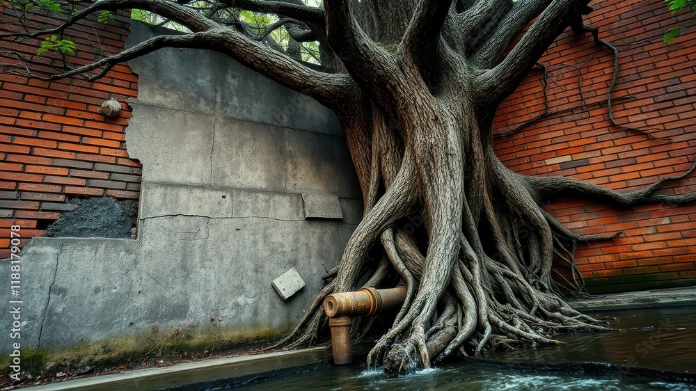 Tree roots intertwining with an aged brick wall and a concrete barrier ...