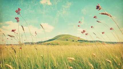 Sticker - Summer Meadow Landscape With Rolling Hills And Flowers