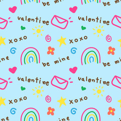Wall Mural - Valentine seamless pattern.Cute colorful hand drawn doodles icon repeat pattern isolated on blue background for happy Valentine's Day.Vector graphic illustration.