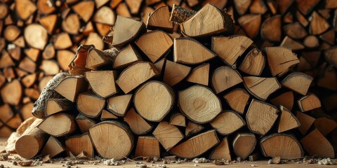 Wall Mural - A Close-Up View of a Stack of Cut and Dried Wooden Logs, Ready for a Warm and Cozy Fire