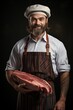 © S photographer - A confident butcher proudly holds a fresh cut of meat, showcasing his skill and expertise in the culinary arts.