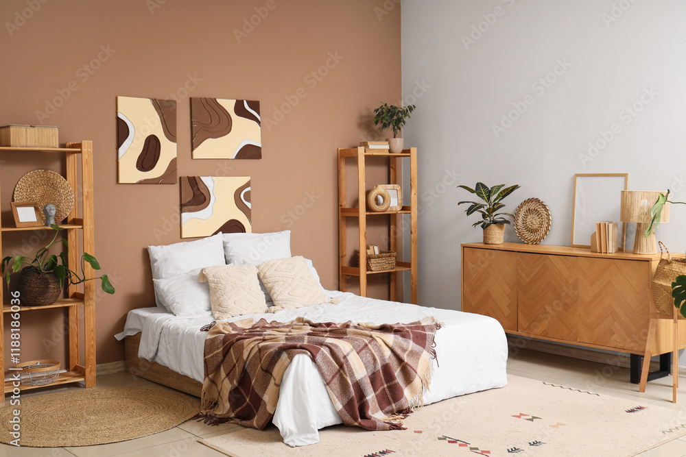 Interior of stylish bedroom with paintings, shelf units and commode