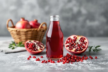 Wall Mural - Bottle of red pomegranate juice with fresh pomegranates on a textured gray background.