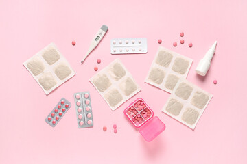 Poster - Mustard plasters with pills, nasal drops and thermometer on pink background