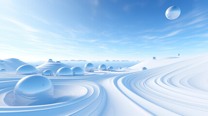 Sticker - A snowy landscape with a blue sky and a large, white, round object in the sky