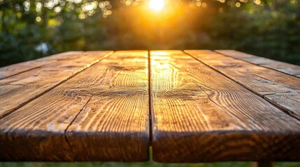 Wall Mural - Wooden table, sunlit.