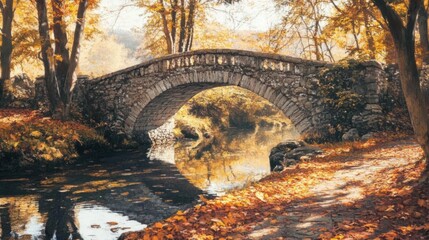 Canvas Print - Stone Arch Bridge Autumnal River Scene