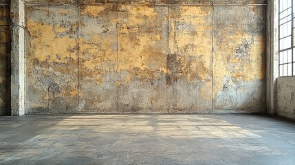 Wall Mural - Empty industrial space with aged yellow wall and large window.