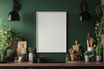 Blank frame mockup in stylish green kitchen with herbs and wooden utensils.