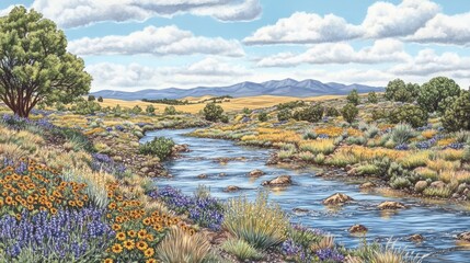 Sticker - Serene River Flows Through Wildflower Meadow Landscape