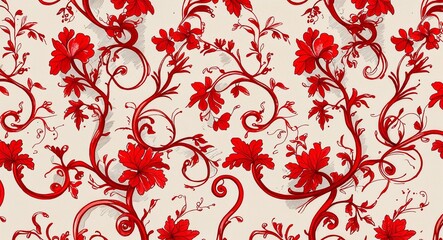 Handdrawn red vines curling into elegant swirls perfect for a vintage red pattern background