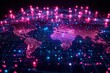 © PD - Digital representation of the world map showcasing vibrant blue and pink lights in a network grid design