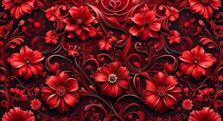 Sticker - Swirling red floral elements creating a detailed and elegant design in red pattern background