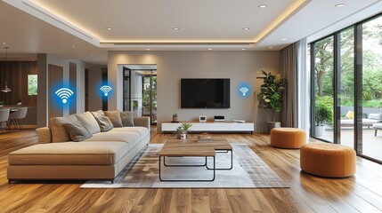 Canvas Print - Modern living room with smart technology and wooden floors