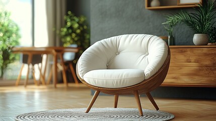 Wall Mural - Modern round armchair in a minimalist living room with wooden furniture and plants.