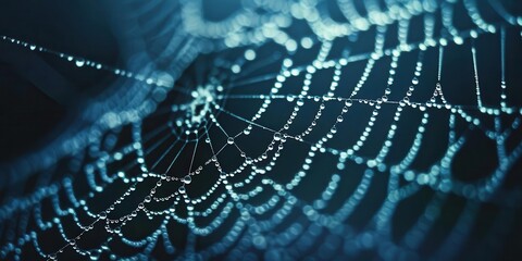 A close-up of a spider web adorned with dew drops, showcasing intricate patterns and textures.