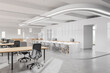 © ImageFlow - Modern open office space with minimalist design and glass partitions. 3D Rendering