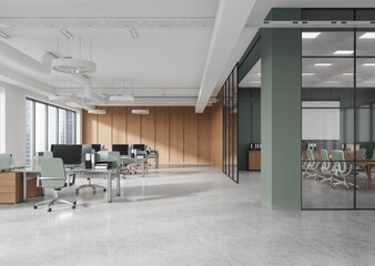 Wall Mural - Modern open office with glass partitions and wooden paneling, featuring sleek workstations and conference room in soft green and natural tones. 3D Rendering