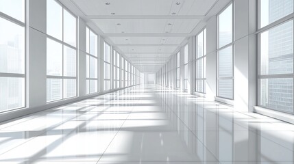 Wall Mural - Sunlit modern office hallway with large windows offering city views.