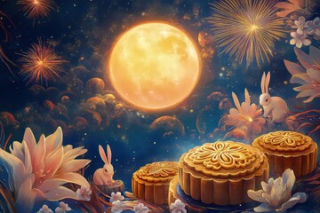 Wall Mural - A festive poster featuring gold mooncakes, rabbits, and fireworks, with a glowing full moon as the centerpiece.