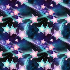 Wall Mural - Magical Seamless Starry Night Sky Pattern with Bold Glowing Stars